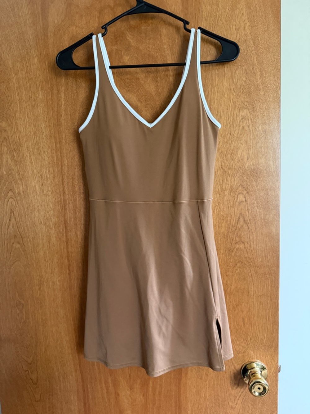 Sleeveless Camel Skater Dress with White Trim